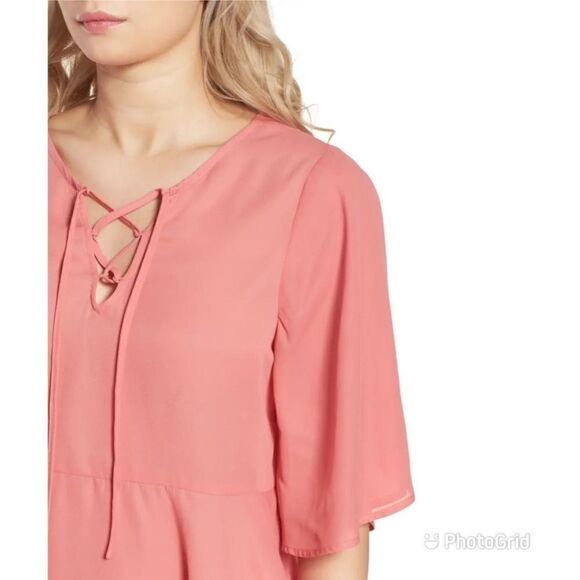 Coral Pink Lace Up Peplum‎ Top Blouse Short Flutter Sleeve Flowy XS X-Small New - Picture 8 of 14